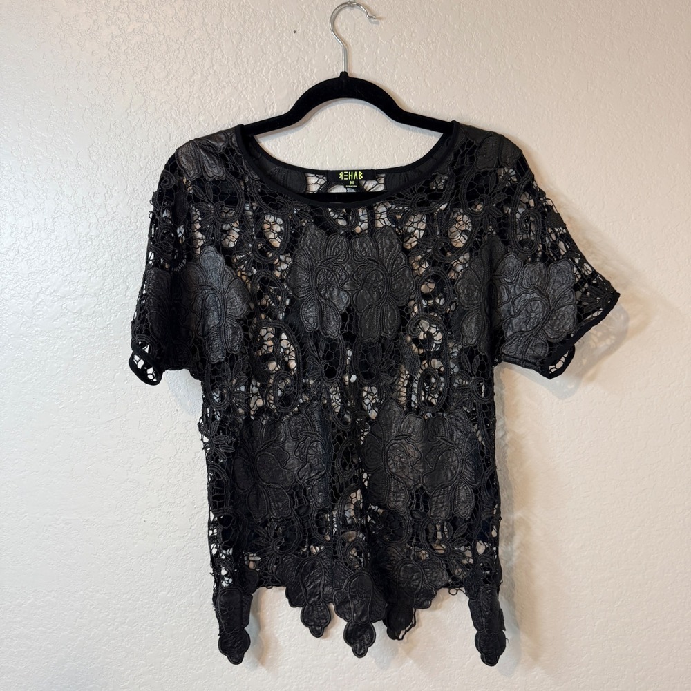 REHAB Womens Sz M Black Lace Sheer Top Gothic Romantic Grunge Dark Fairy Layer